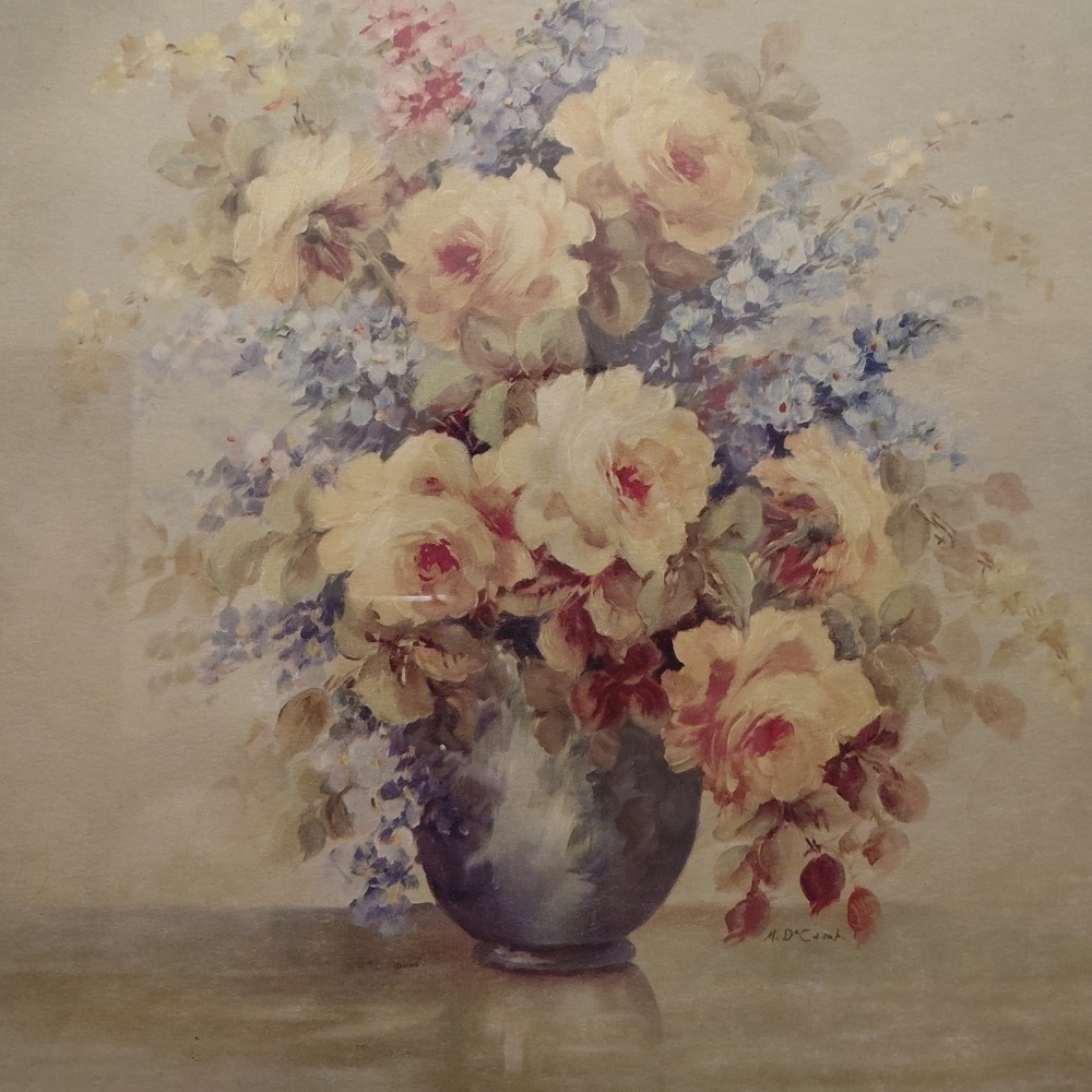Vtg. Cottagecore Floral Art Print in Wooden Frame Vintage